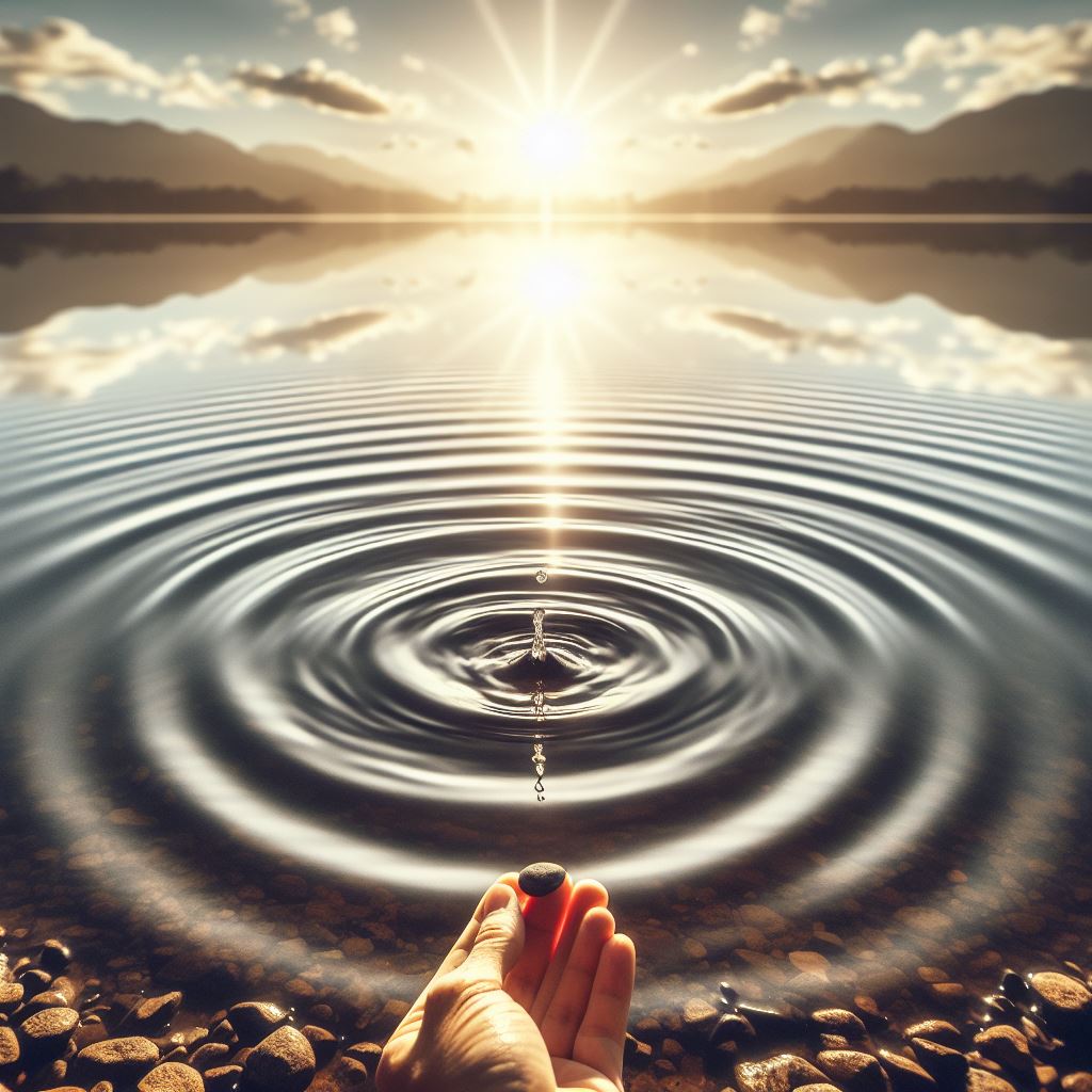 A hand holding a stone above the rippling surface of a calm lake, with the sun rising behind mountains in the distance.
