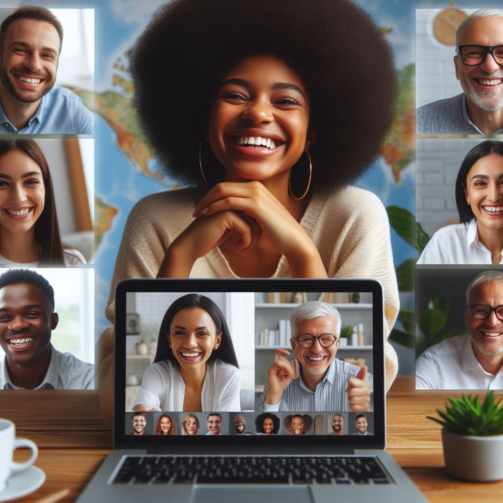 A woman with an afro hairstyle smiles warmly at the camera while leaning on her arms, surrounded by smiling faces of friends displayed on a laptop screen, with a world map in the background.