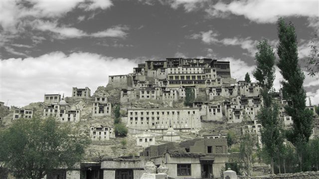 A scenic view of a historic monastery complex perched on a hilltop in Ladakh, surrounded by trees and a dramatic sky.