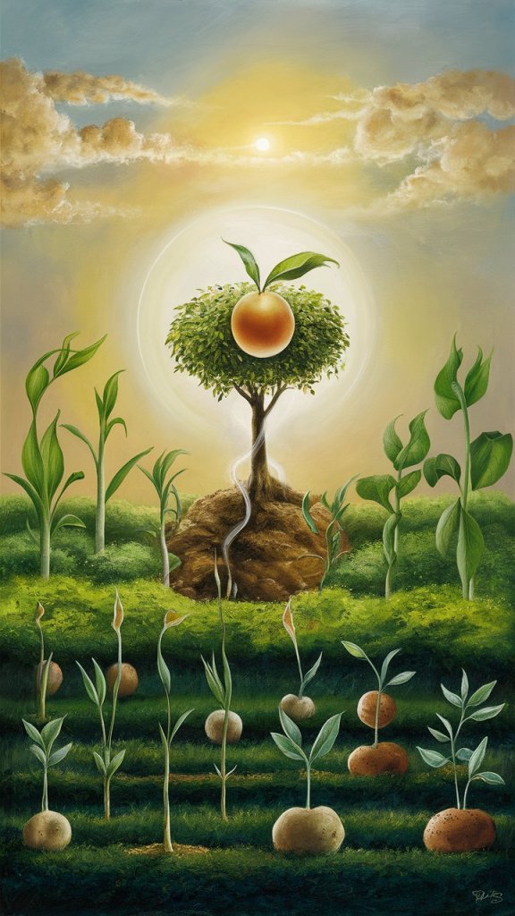 A vibrant illustration depicting a tree with an orange fruit at its center, surrounded by various green plants and sprouts in a sunlit landscape, symbolizing growth and the concept of cause and effect.