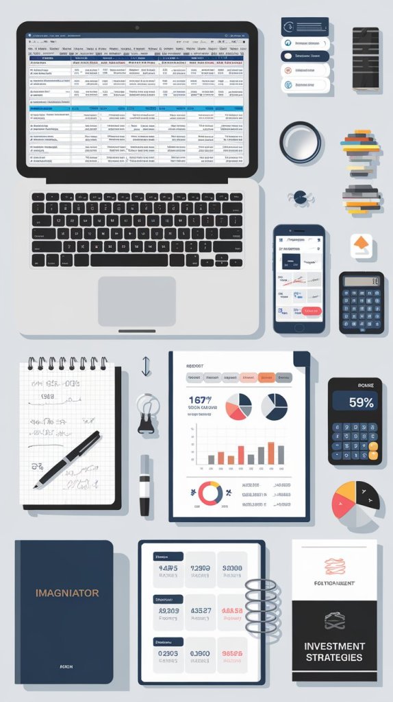 A flat lay of a workspace featuring a laptop with a detailed spreadsheet on the screen, a smartphone displaying financial data, a calculator, notebooks, pens, and various office supplies, including a ring binder and pie charts, all arranged neatly.