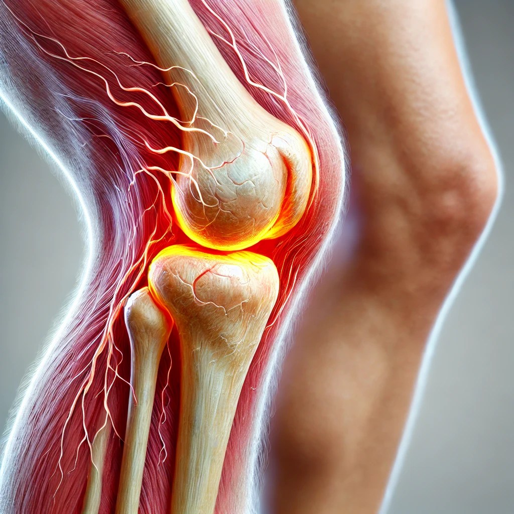 Illustration of a knee joint showing inflammation, with highlighted areas indicating swelling and pain around the bones and soft tissue.