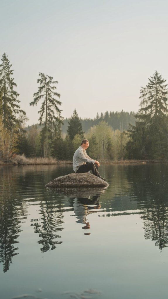 A person sitting on a rock in a calm lake, surrounded by trees, reflecting on life.