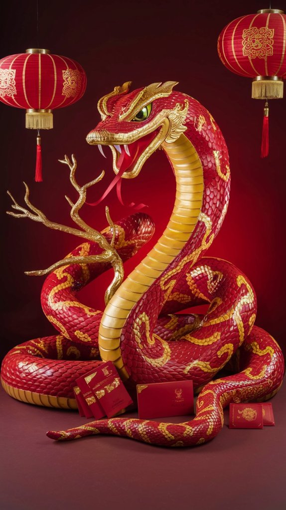 Golden snake coiled gracefully against a red and gold backdrop, symbolizing renewal and transformation for the Year of the Snake. Surrounding elements include blooming peonies, cherry blossoms, and elegant Chinese calligraphy.