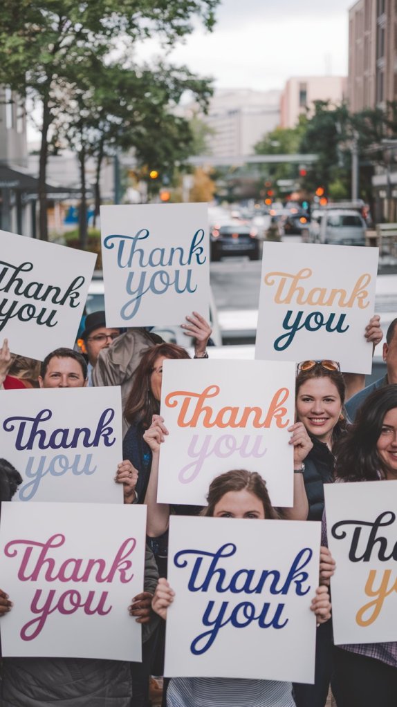 A diverse group of people holding signs that say 'Thank You' in various colors and fonts, expressing gratitude in an outdoor setting.