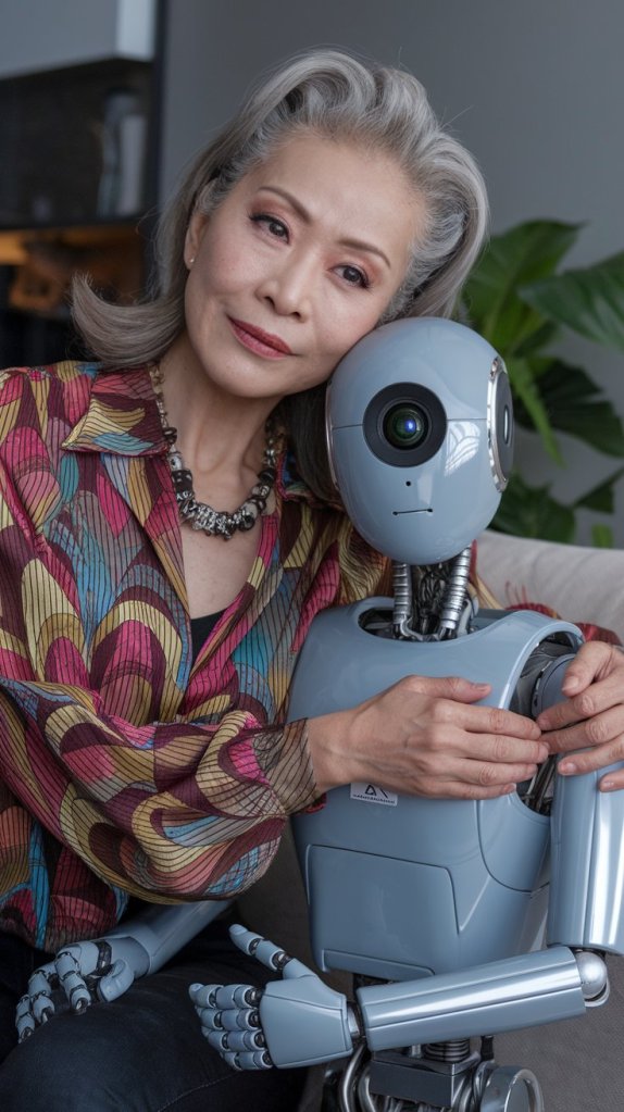 An elderly woman with gray hair wearing a colorful patterned shirt embraces a humanoid robot, both seated in a modern setting.