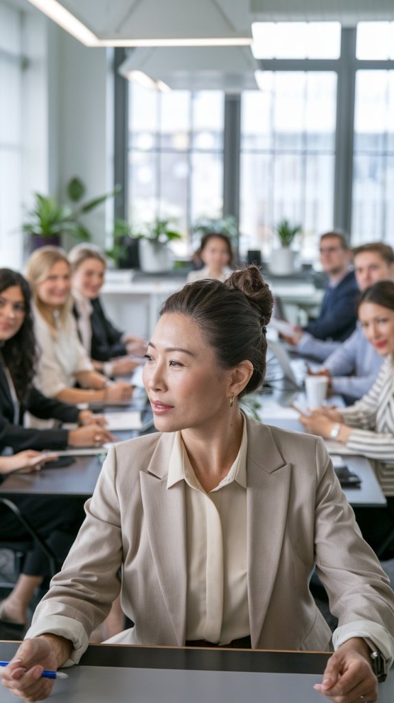 A professional woman in a beige suit sits at a conference table, engaging with colleagues in a modern office setting. A diverse group of people is seen in the background, focused on a meeting.