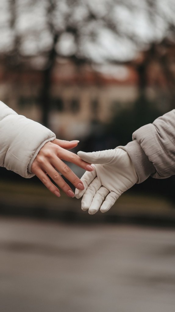 A close-up of two hands parting ways, one hand wearing a white glove and the other bare, set against a blurred background of trees.