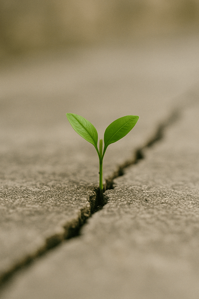 A small green plant emerging from a crack in a concrete surface, symbolizing resilience and growth.