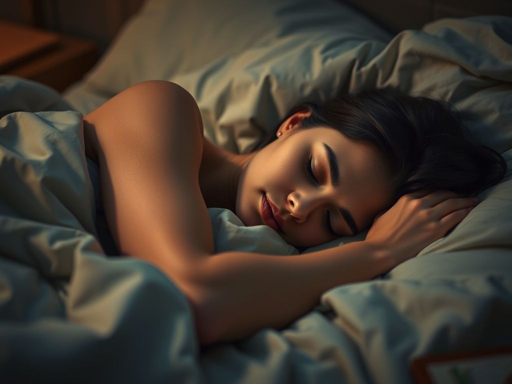 A woman peacefully sleeping in a cozy bed, with her arms tucked under her head and warm bedding surrounding her.