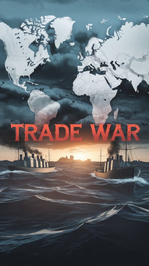 An illustration depicting two steamships battling rough seas, with a world map in the background and the phrase 'TRADE WAR' prominently displayed in bold red letters.