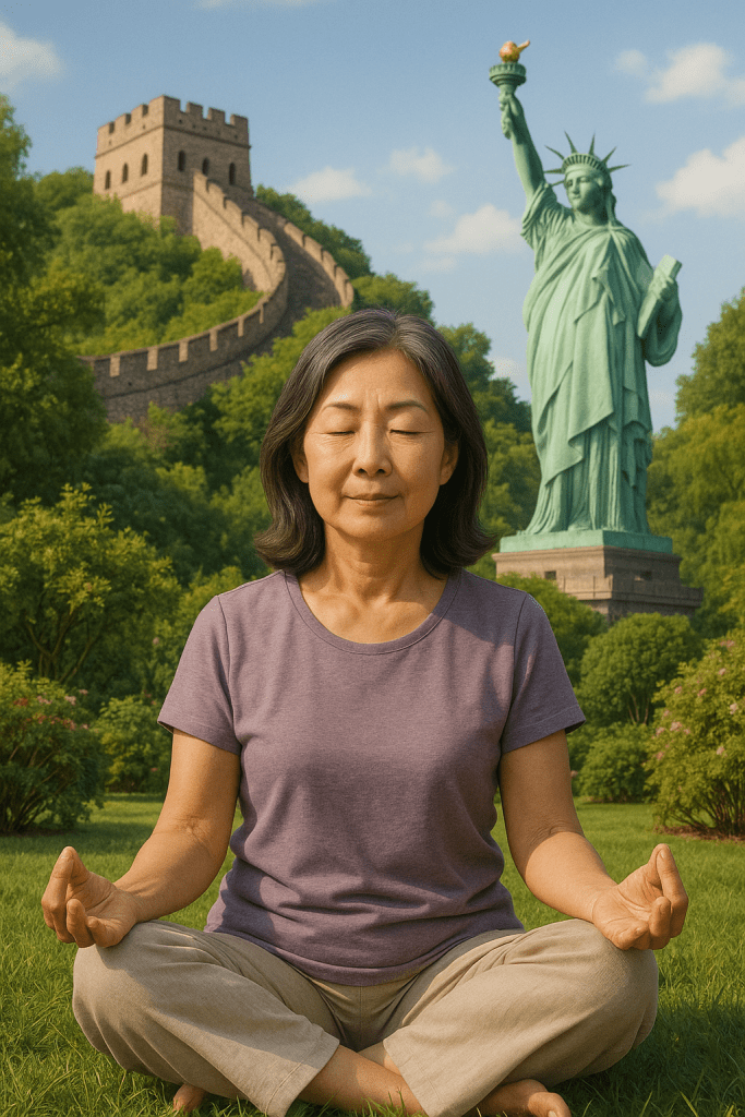 A serene woman meditating outdoors with her eyes closed, set against a backdrop featuring the Great Wall of China and the Statue of Liberty.