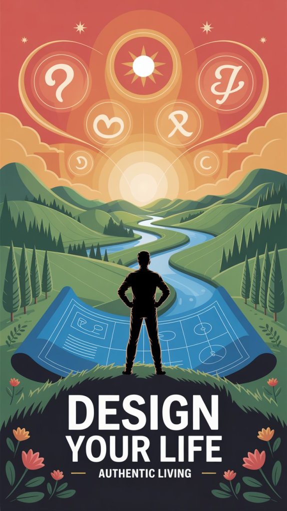 An illustration depicting a person standing in front of a winding river and rolling hills, gazing at symbols representing exploration and personal growth, with the text 'DESIGN YOUR LIFE' and 'AUTHENTIC LIVING' prominently displayed.