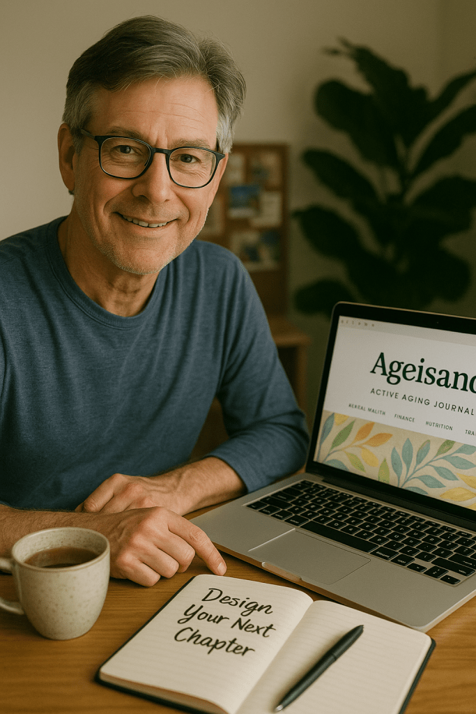 A smiling middle-aged man sitting at a wooden desk, pointing at an open notebook that reads 'Design Your Next Chapter,' with a laptop displaying the website 'Ageisano' in the background and a cup of coffee nearby.