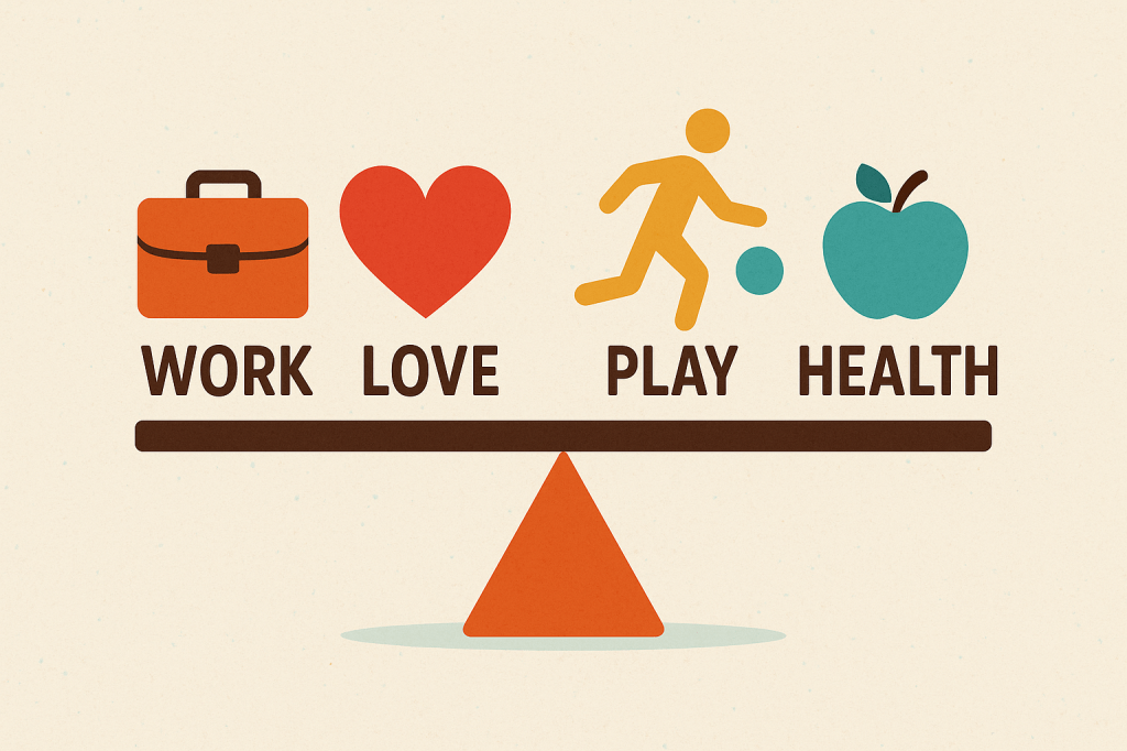 Illustration depicting a balance scale with four key areas of life: Work (briefcase icon), Love (heart icon), Play (running figure icon), and Health (apple icon) labeled underneath.