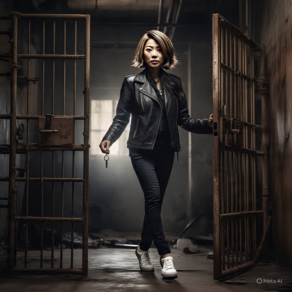A woman in a leather jacket stands confidently at the entrance of a dimly lit area, holding a set of keys beside an open cell door.