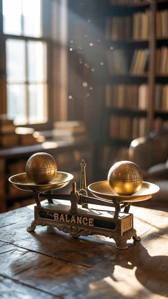 An antique balance scale with two golden spheres on either side, set against a background of bookshelves illuminated by soft sunlight.