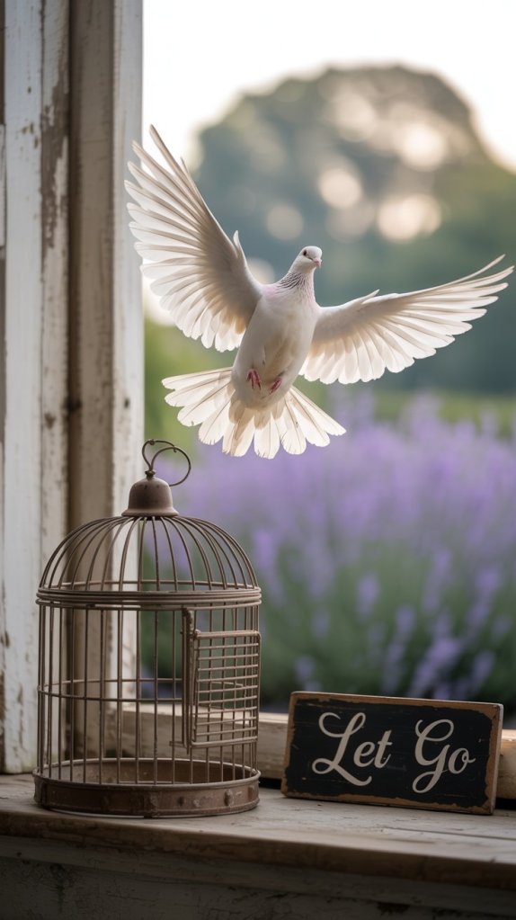 A white dove soaring out of an open birdcage, with a sign that reads 'Let Go' on a windowsill, surrounded by soft purple flowers in the background.