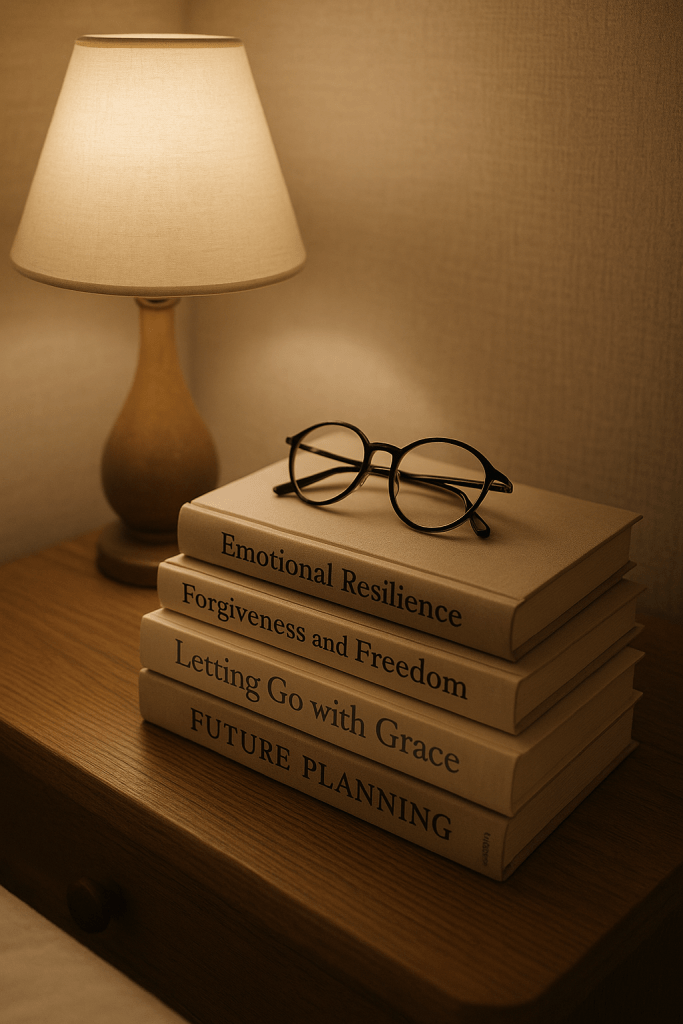 A bedside table with a warm lamp, featuring a stack of four books titled 'Emotional Resilience', 'Forgiveness and Freedom', 'Letting Go with Grace', and 'FUTURE PLANNING'. A pair of glasses rests on top of the books.