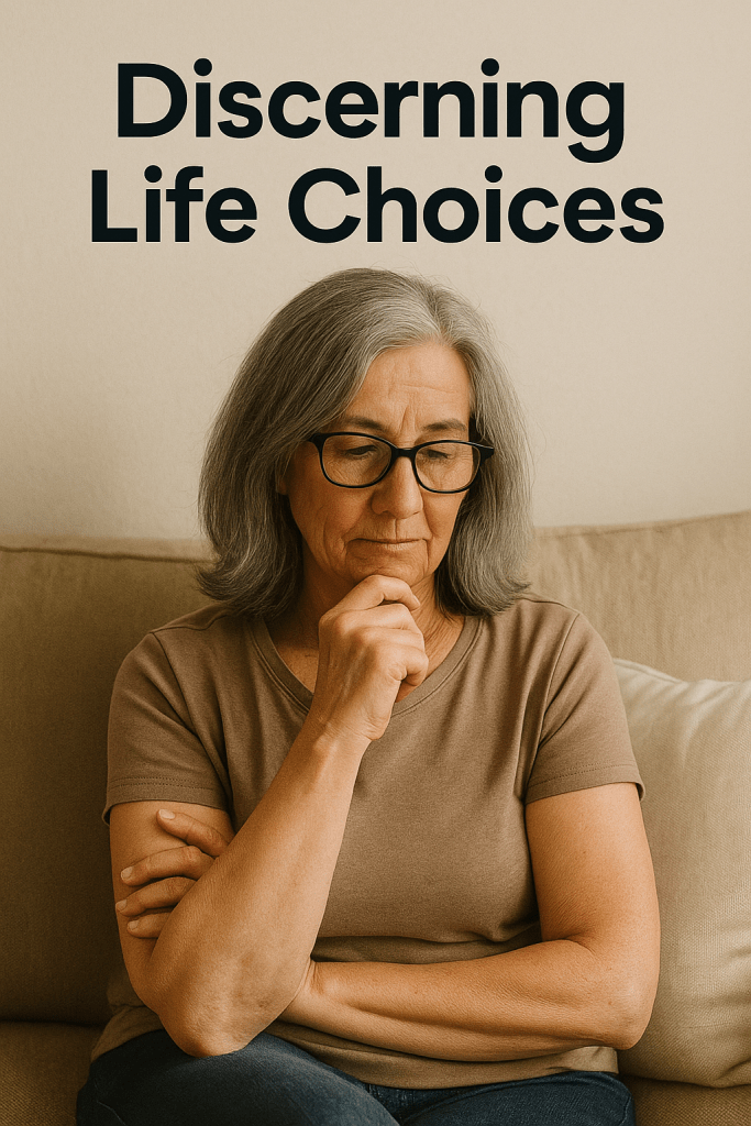 A thoughtful older woman with gray hair, wearing a brown shirt, is sitting on a couch, resting her chin on her hand while reflecting on life choices.