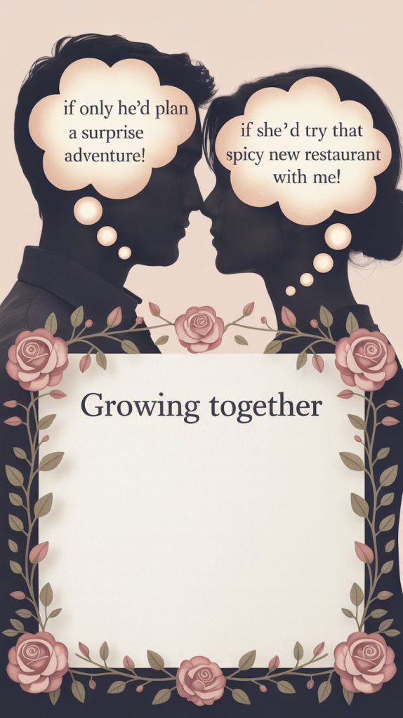 Silhouette of a couple facing each other with thought bubbles expressing desires for adventure and trying new experiences, framed by roses and the text 'Growing together'.