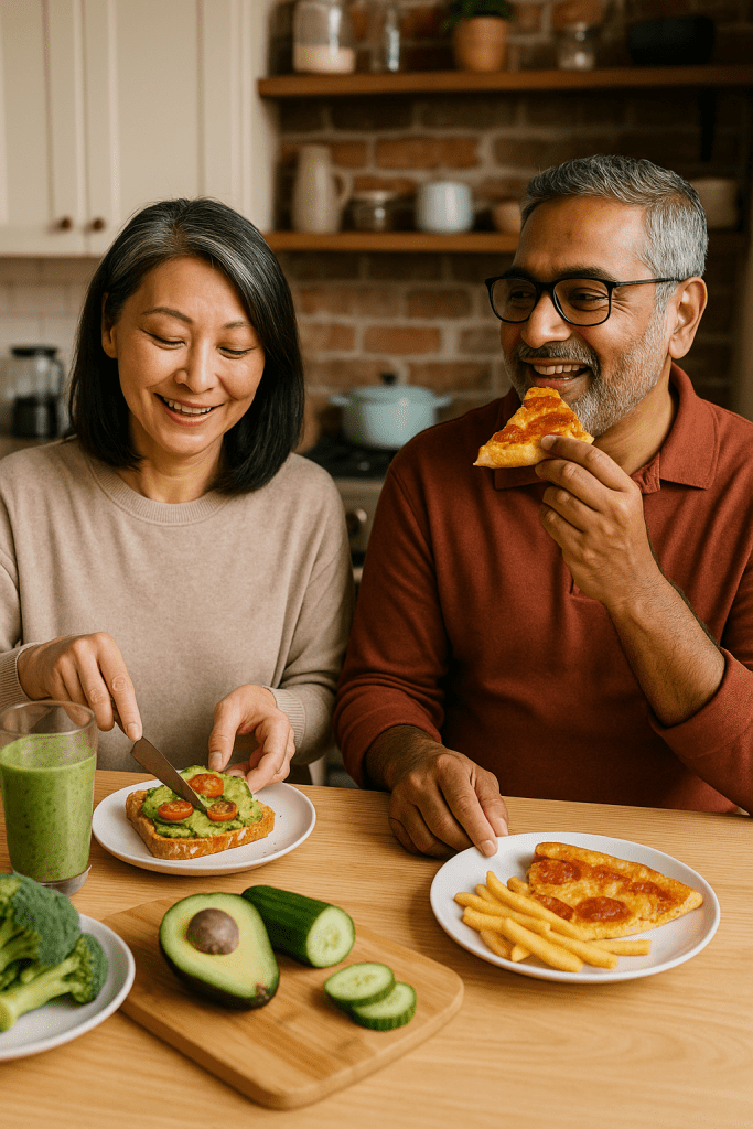 A couple enjoying a meal together; one is spreading avocado on toast while the other is holding a slice of pizza, reflecting their differing food preferences.