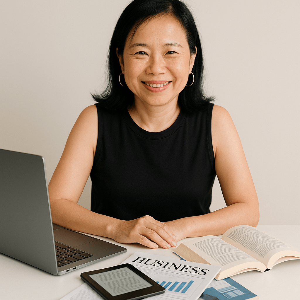 A smiling woman in a black sleeveless top sits at a desk with a laptop, a tablet, an open book, and a printed page labeled 'BUSINESS.'