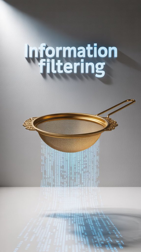A golden strainer with digital binary code flowing through it, symbolizing the concept of information filtering.
