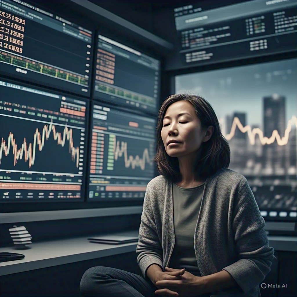 A woman sitting calmly in front of multiple screens displaying stock market data and graphs, reflecting a thoughtful and focused demeanor.