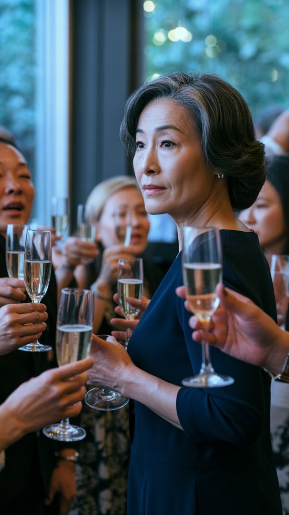 A woman in formal attire stands apart from a lively social gathering, observing others raising their glasses in a toast.