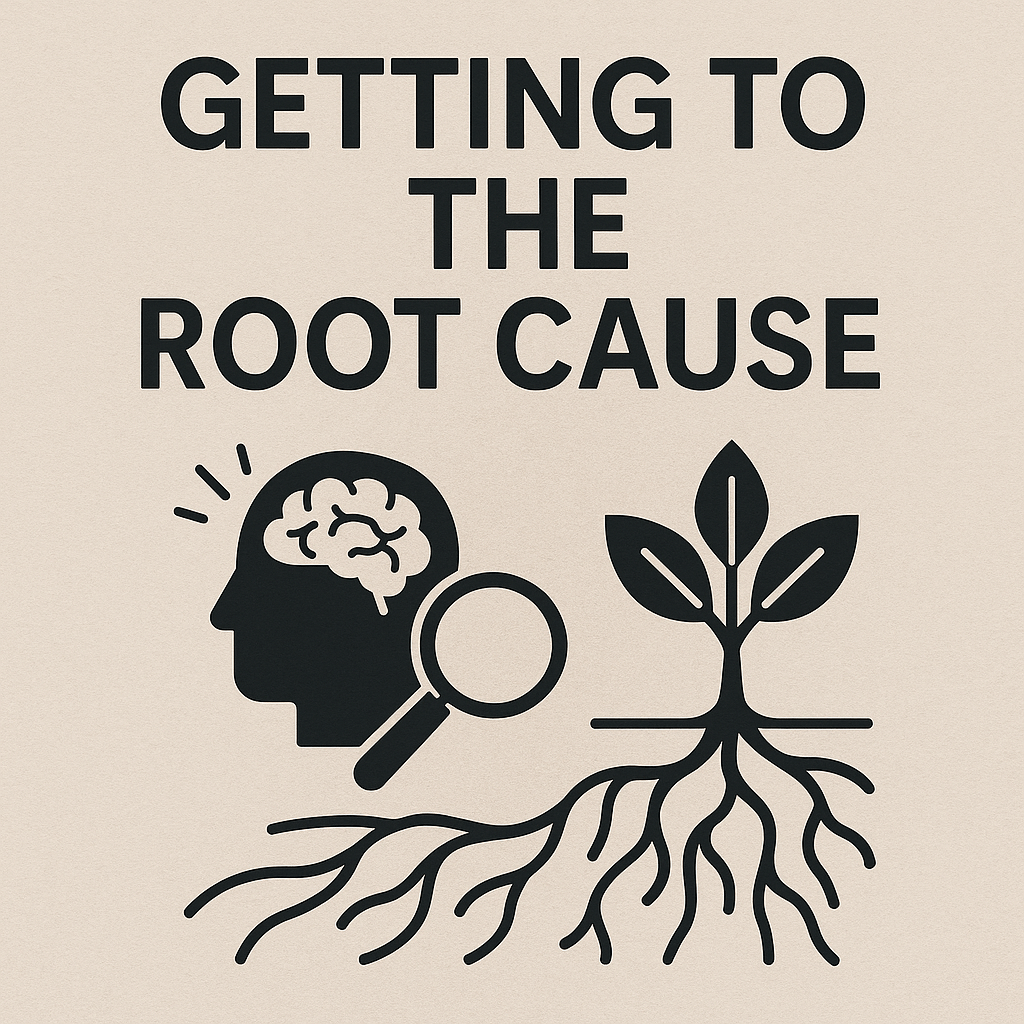 Graphic depicting the phrase "GETTING TO THE ROOT CAUSE" with illustrations of a brain, a magnifying glass, and a plant with roots.