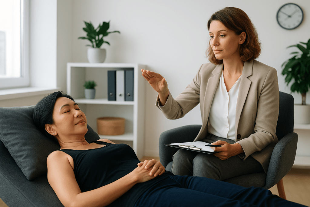 A therapist guiding a patient during a hypnotherapy session in a calm, modern office setting.