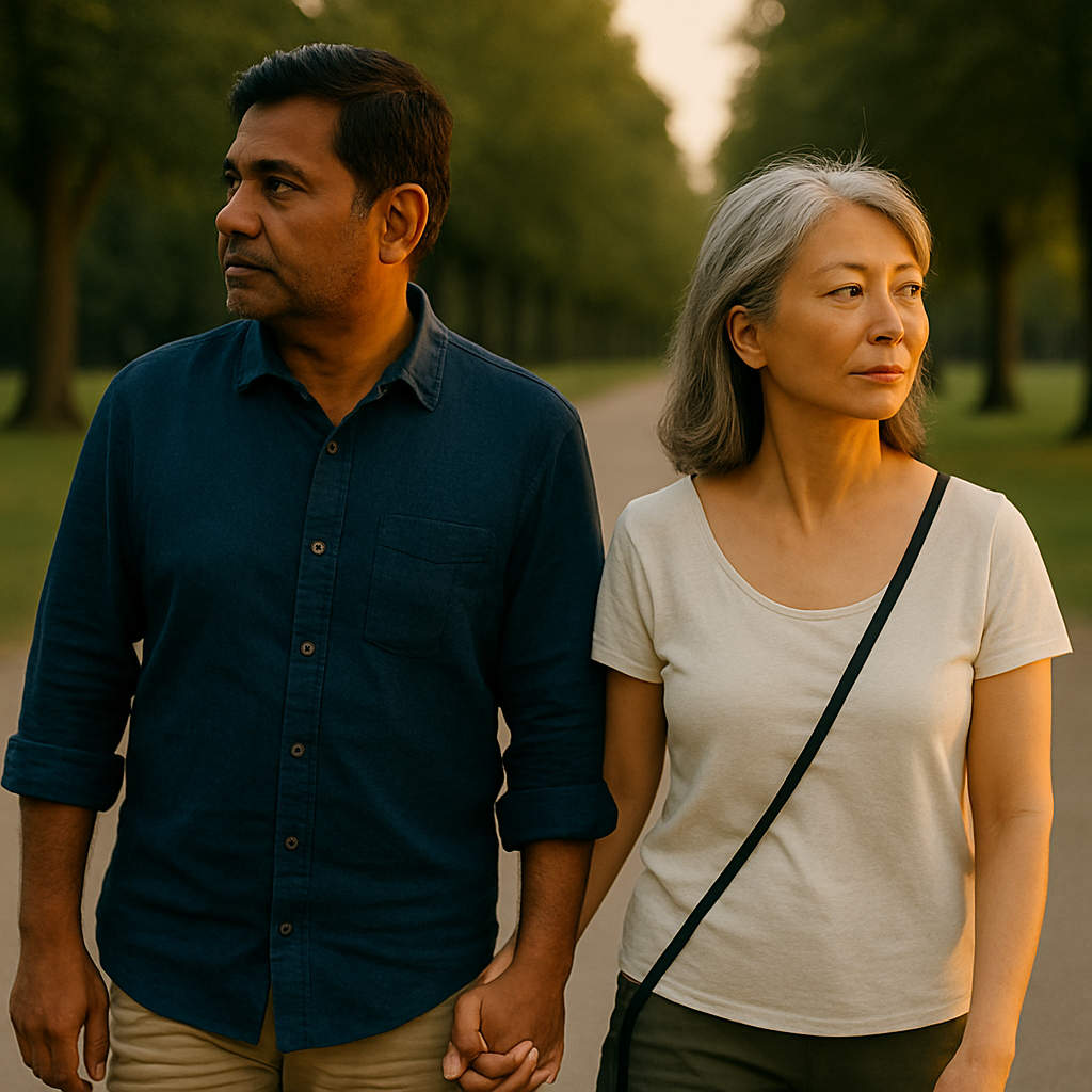 A couple holding hands while walking together in a park during sunset, showing calm expressions.