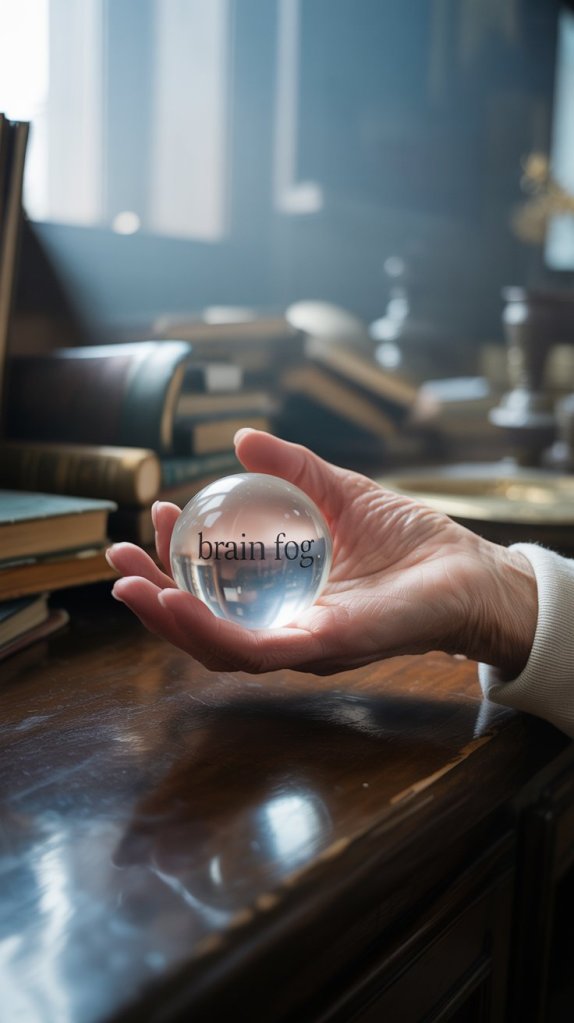A hand holding a crystal ball with the words 'brain fog' inscribed, placed on a wooden surface surrounded by books, symbolizing memory challenges.