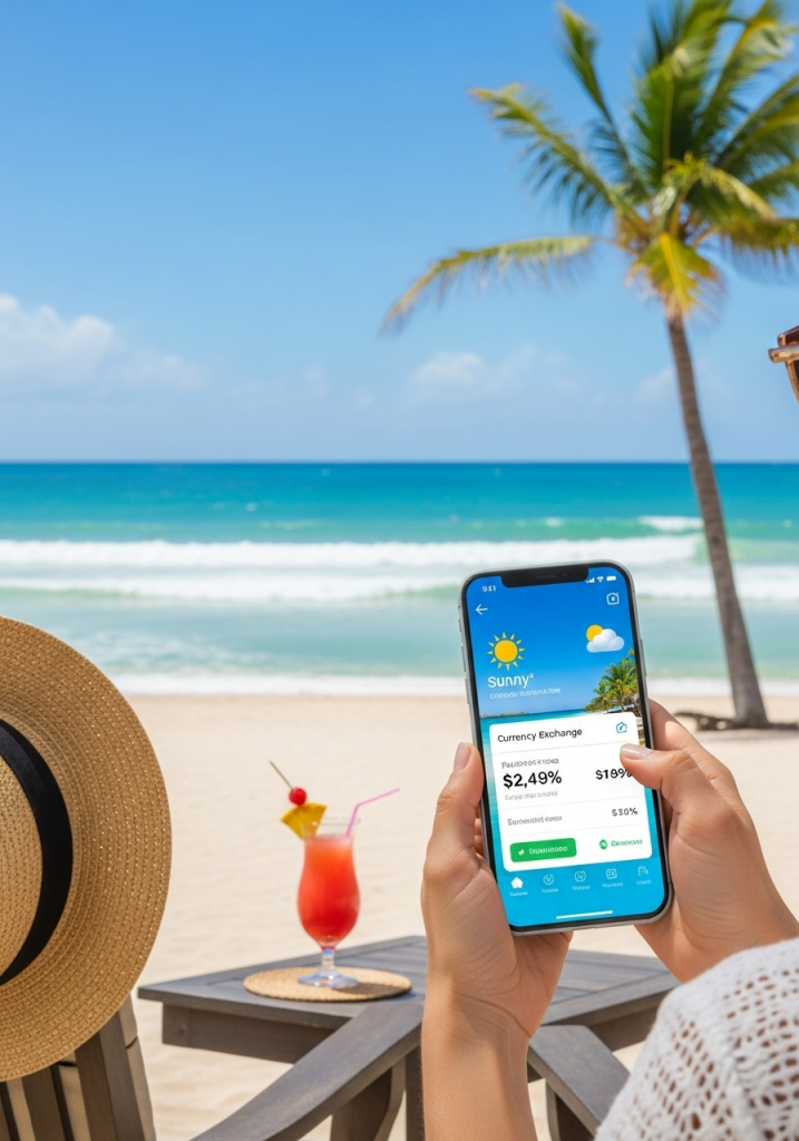 A person sitting on a beach chair using a smartphone to check currency exchange rates, with a tropical drink beside them and palm trees in the background.