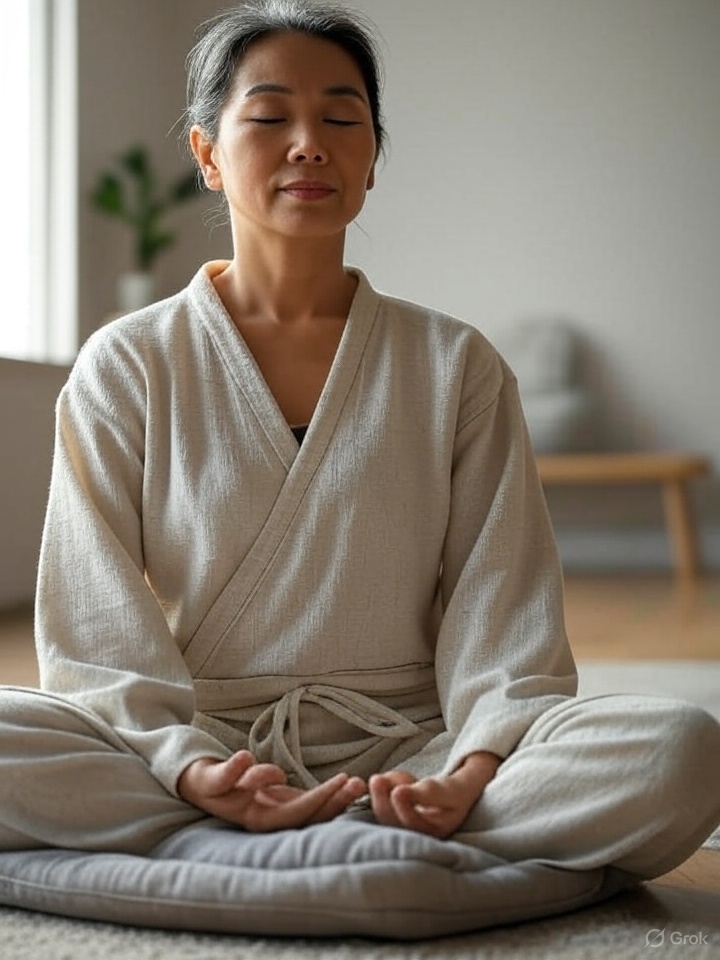 A woman meditating in a serene indoor setting, seated cross-legged on a cushion, with her eyes closed and a calm expression.
