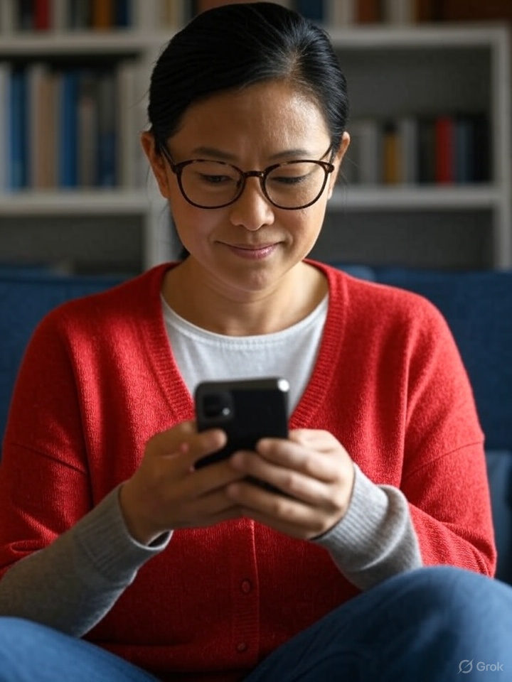 A woman sitting on a couch, looking at her smartphone with a thoughtful expression, wearing a red cardigan and glasses.