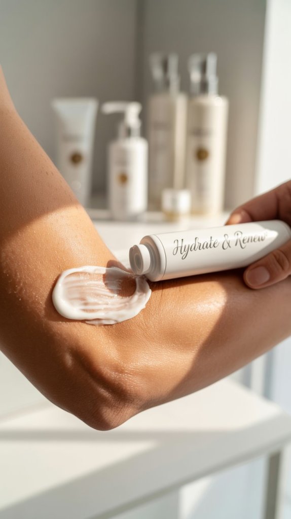 A hand applying a moisturizing cream labeled 'Hydrate & Renew' onto a tanned elbow, with several skincare products in the background.
