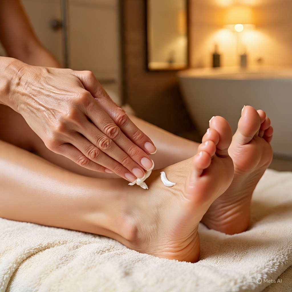 A person applying moisturizer to their feet and ankles while seated on a soft towel, with a warm, inviting bathroom ambiance in the background.