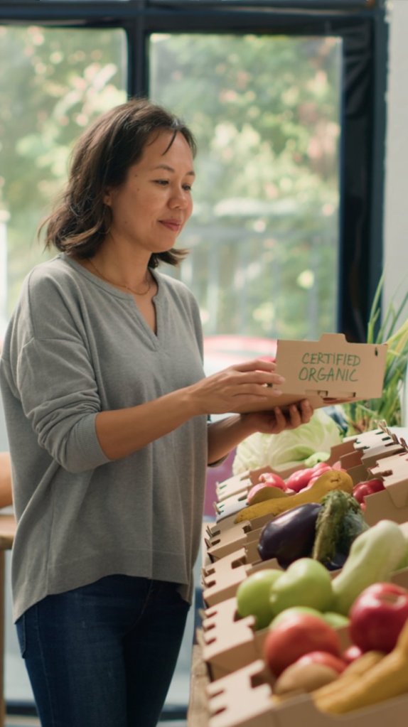 A woman in a gray sweater is examining a box labeled 'CERTIFIED ORGANIC' while surrounded by various fresh fruits and vegetables at a market.