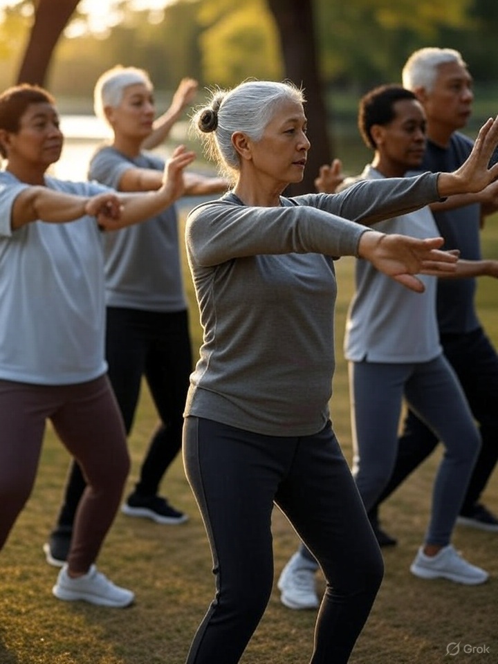 A group of older adults practicing Tai Chi in a park, showcasing mindful movements and serenity.