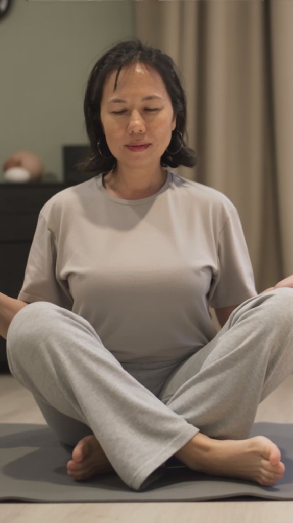 A woman meditating with her eyes closed, sitting cross-legged on a yoga mat, wearing a relaxed outfit in a serene indoor setting.