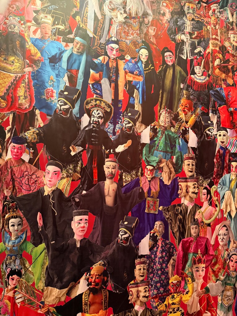 A collage of various traditional Chinese opera costumes and masks, showcasing a vibrant array of colors and intricate designs, reflecting the cultural richness of Chinese performing arts.