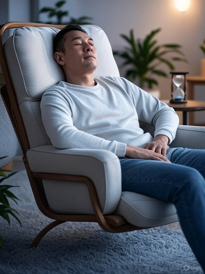 A person sitting in a comfortable chair with their eyes closed, appearing to relax or nap.