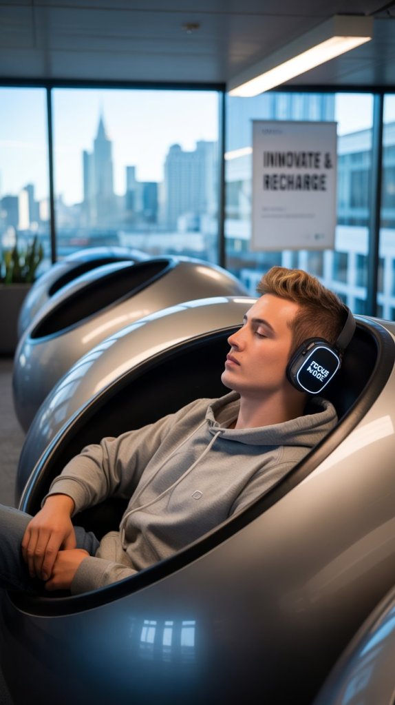 A young person resting in a futuristic sleeping pod in an office setting, with headphones on, aiming to recharge and innovate.