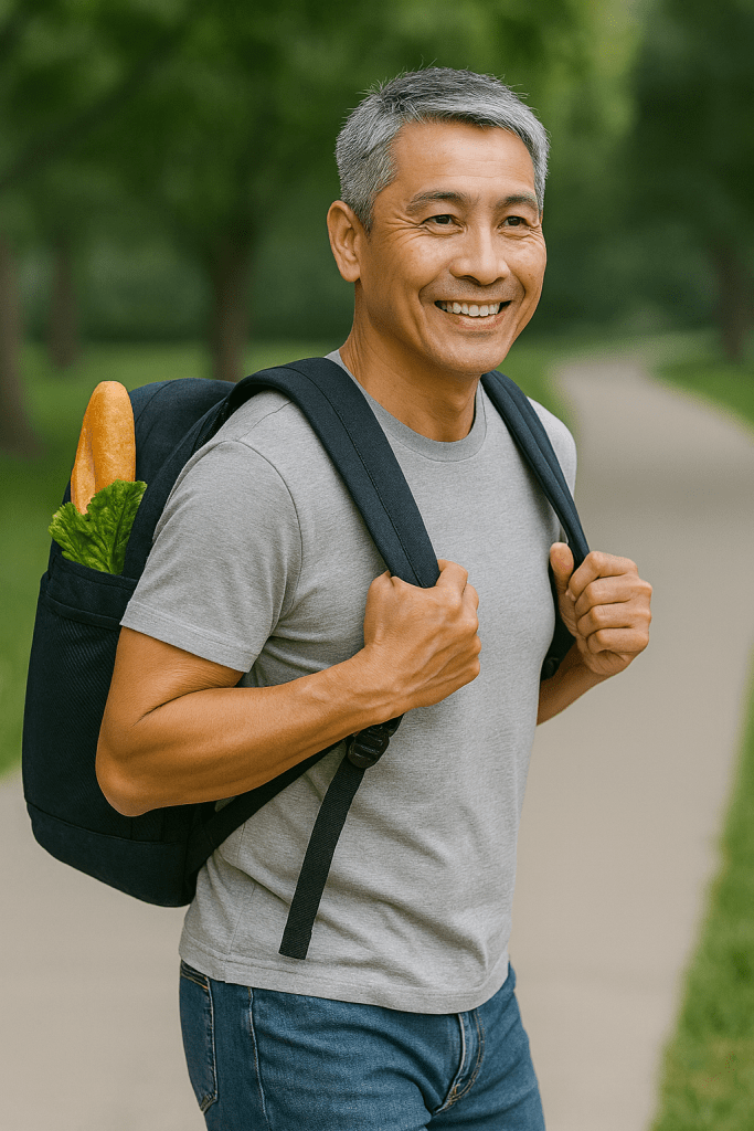 A smiling older man wearing a gray t-shirt and carrying a black backpack walks along a pathway, with a baguette and a carrot visible in the backpack's side pocket.