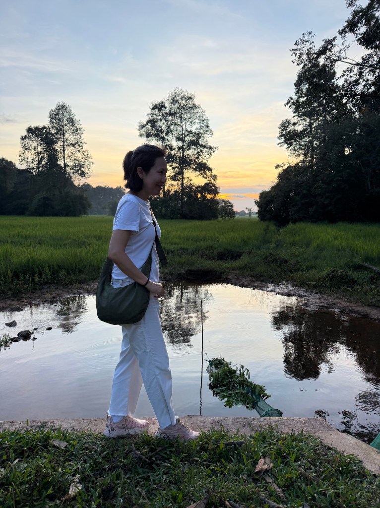A person stands by a peaceful waterway at sunset, surrounded by lush greenery and trees.