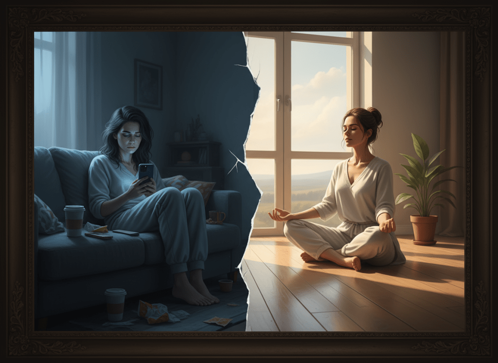 A split image contrasting two scenes: on the left, a woman in cozy pajamas sits on a couch, absorbed in her phone, surrounded by empty coffee cups and snacks, while on the right, another woman in white meditation attire sits peacefully on the floor, practicing mindfulness in a bright, serene space with a view.