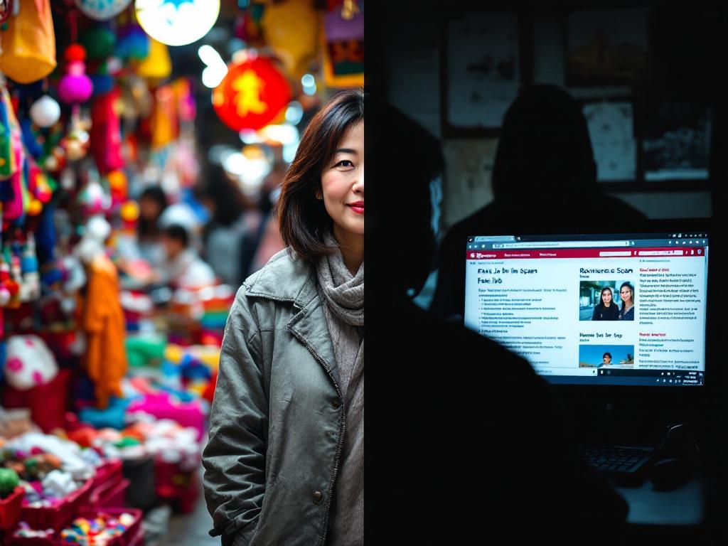 A woman standing in a vibrant market filled with colorful items, with a blurred background of shoppers and decorations on one side, and the silhouette of a person in front of a computer screen displaying information about scams on the other side.
