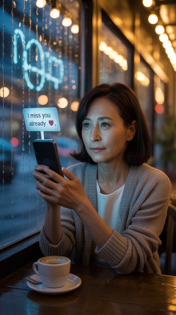 A woman sitting in a café, looking at her phone with a thoughtful expression as a message appears on the screen saying, 'I miss you already.' A coffee cup sits in front of her with a cozy ambiance created by soft lighting and raindrops on the window.
